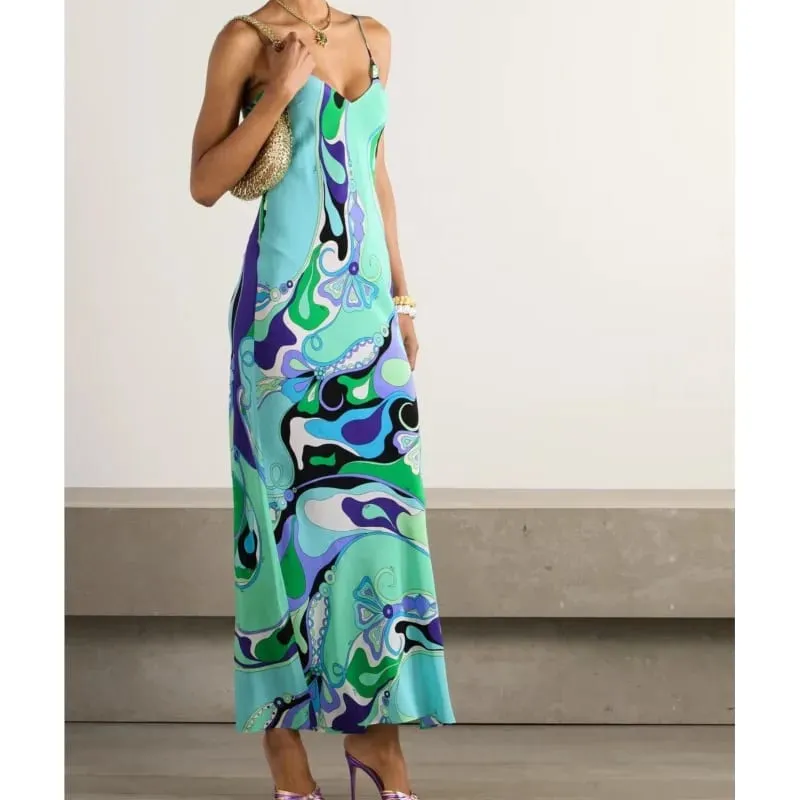 Bohemian Fashion Printed Women's Dress Summer Sexy Beach Vacation V-neck Strap Dresses Ladies Elegant Slit Hem A-line Vestidos — image 2