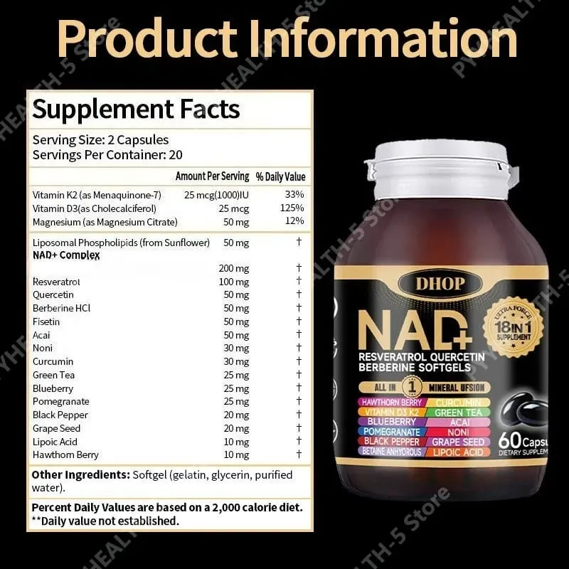 NAD+ Softgels with Resveratrol Quercetin Berberine Softgels 18-in-1 Supplement for Overall Health Support 60 Capsules