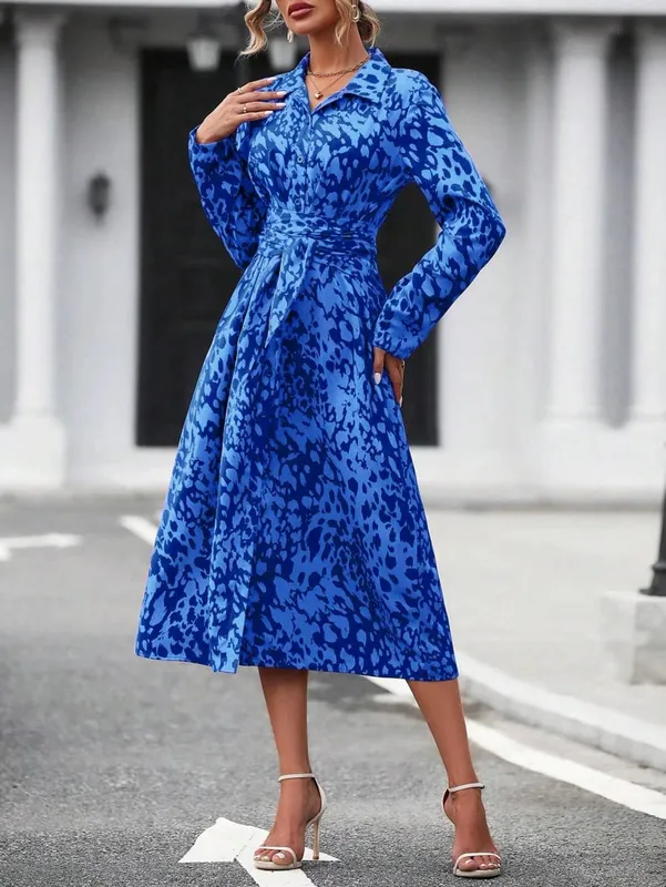 Elegant Random Print Button Down Shirt Dress Women's Long Sleeve Belted Waist Midi Dress Spring Fall Office Casual Dress — image 6