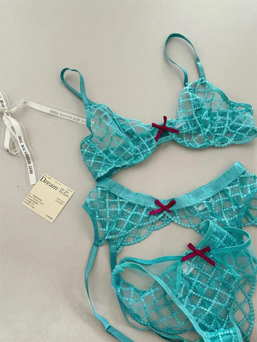 Mermaid blue three-piece lingerie set of thin large breast underwear sexy lace bra breathable romantic bras with underpants suit — image 1
