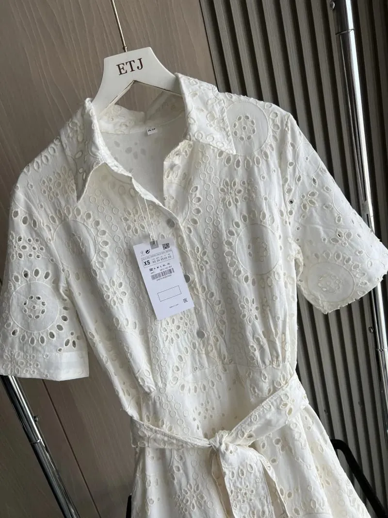 ETJ 2025 new women's elegant fashion hollow embroidery cotton shirt lapel short-sleeved dress temperament long skirt — image 2