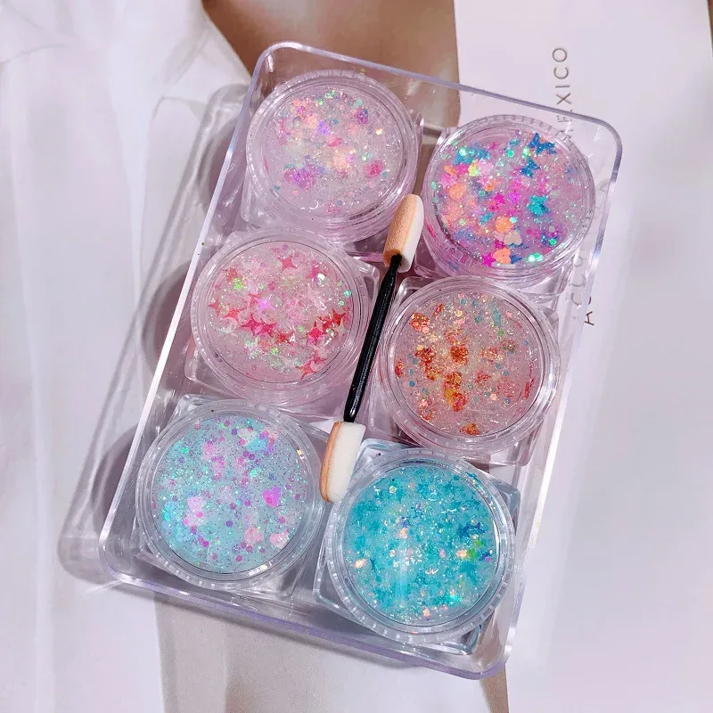 6Jar/set Holographic Body Glitter Gel Chunky Face Eye Heart Star Shaped Sparkle Glitter Sequins Makeup Nail Festival Party Decor