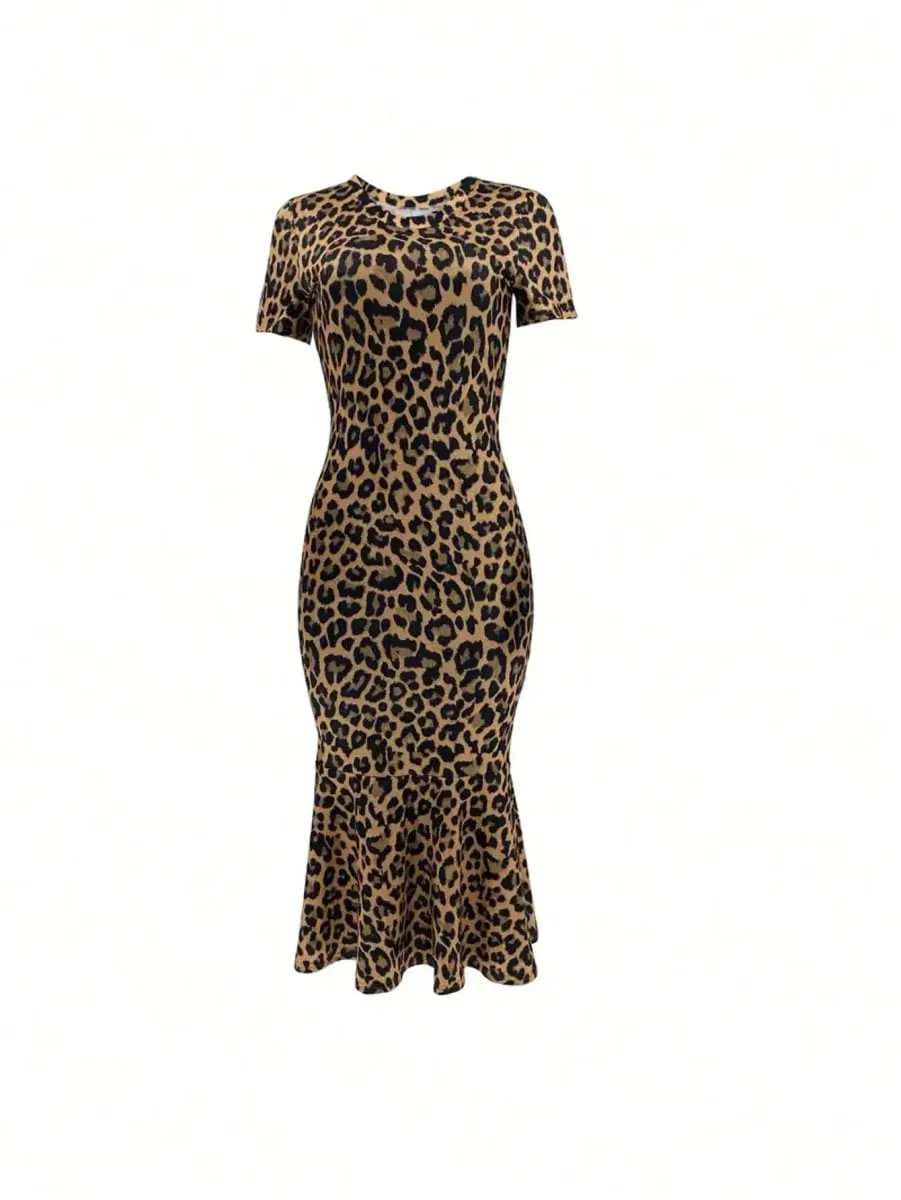 Spring Summer Fashion European Style Leopard Print round Neck Short Sleeve Fish Tail Hem Long Dress — image 3
