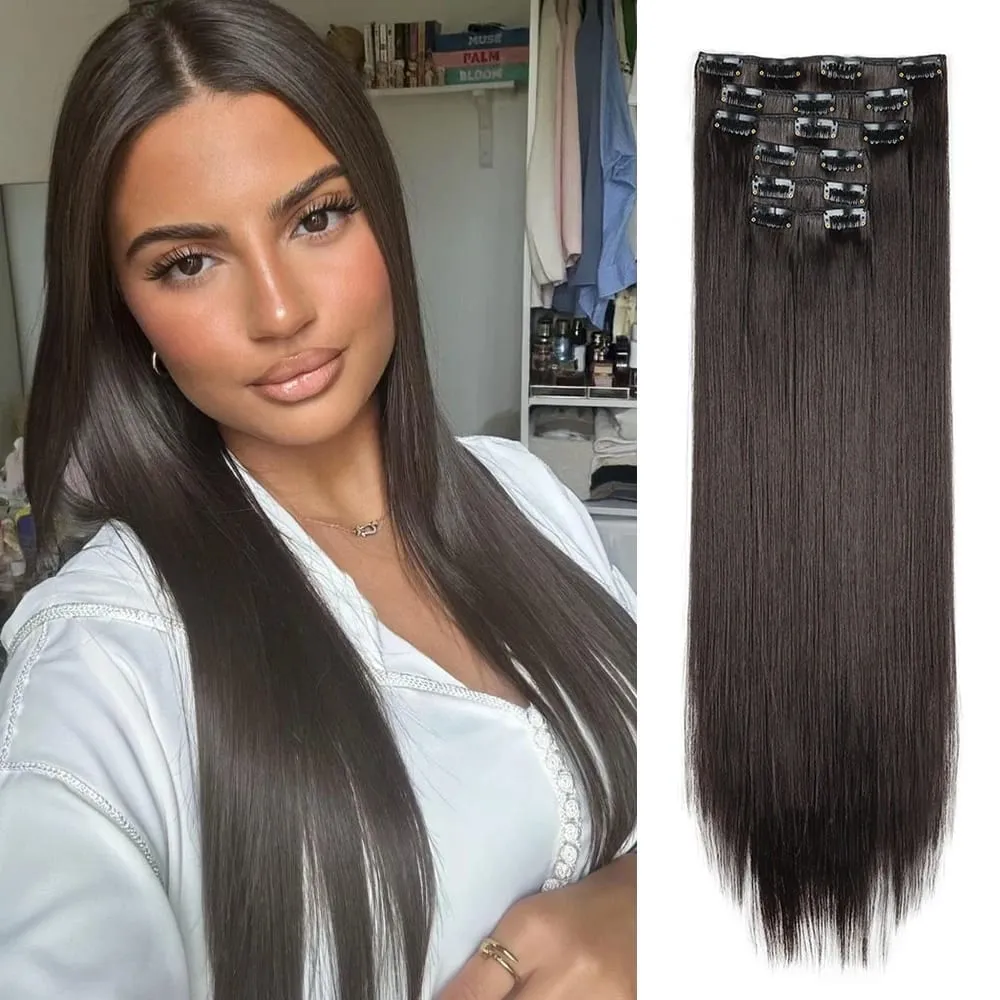 Black Hair Extensions 24"/60cm 6pcs/set Women Long Straight Synthetic Full Head Clip 16 Clips Ombre Heat Resistant Fiber Hair — image 9