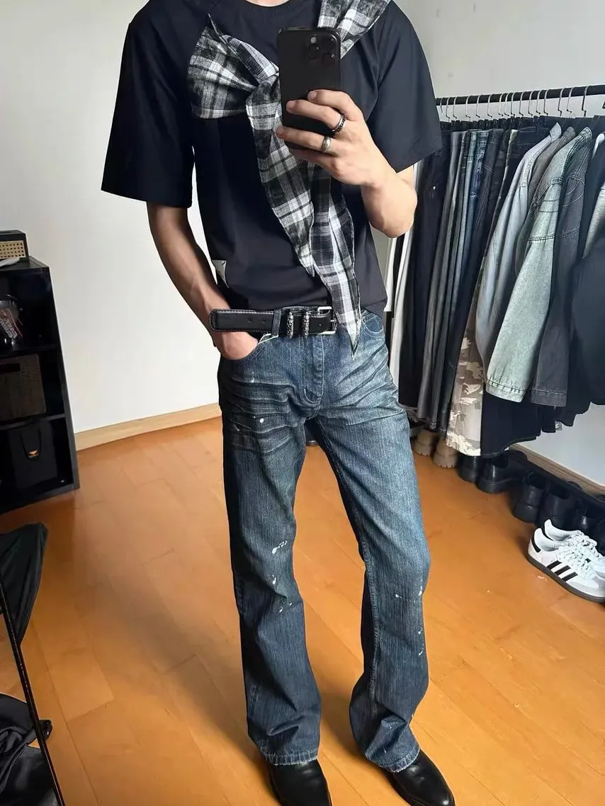 Cleanfit Style Heavyweight Bootcut Men's Jeans Faded Dyeing Slim Fit Distressed Long Trousers Casual Fashion — image 4