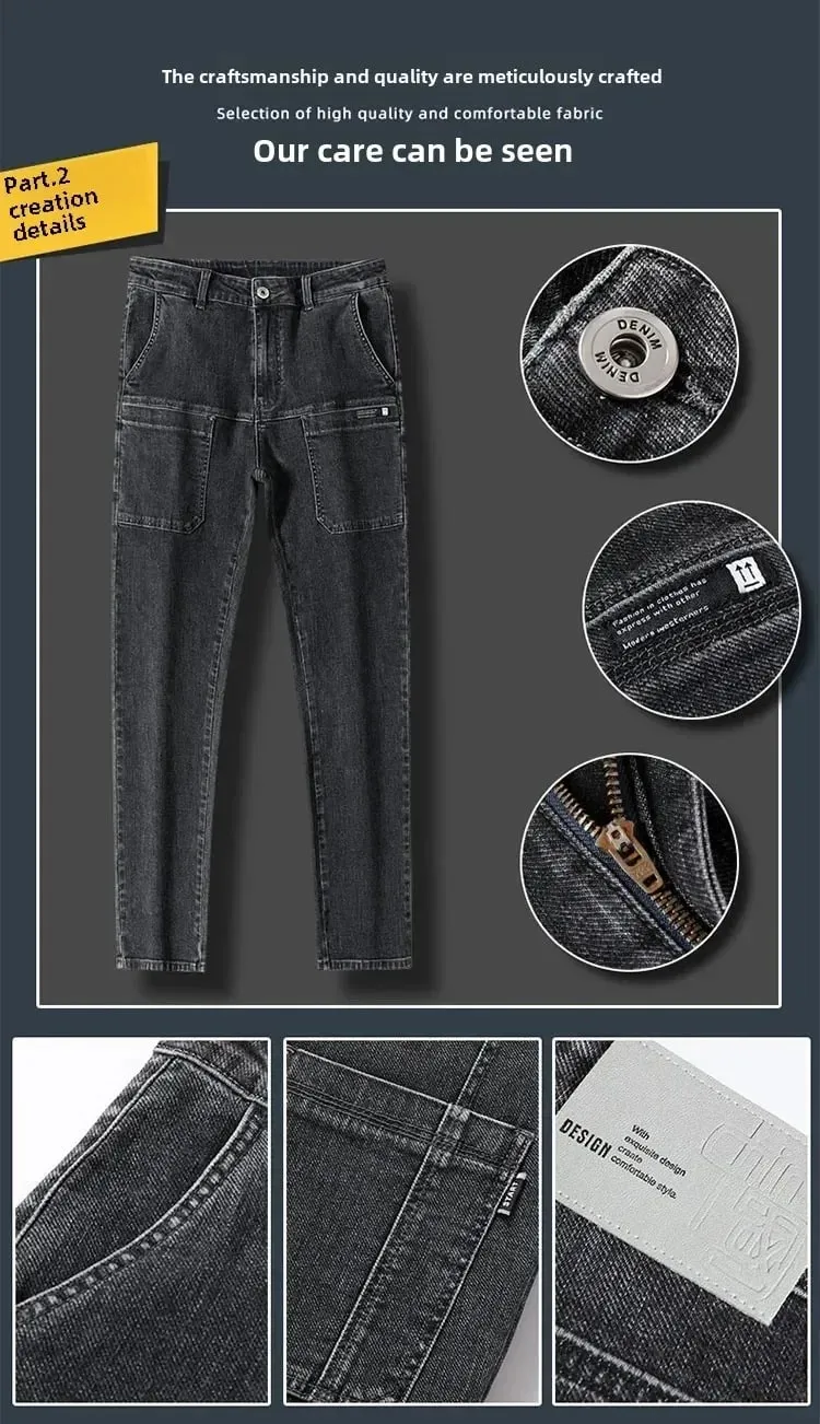 Spring Summer Thin Six Pocket Men's Jeans Elastic Straight Leg Casual Slim Fit Jeans Versatile Multi-Pocket Long Y2K Denim Pants — image 7