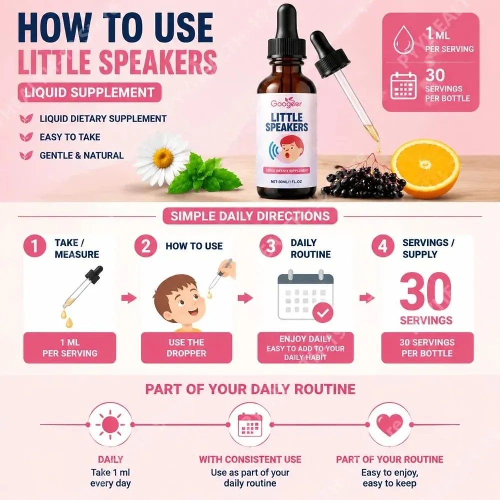 Googeer Little Speakers Flüssiges Nahrungsergänzungsmittel mit Vitamin B12, D3 und Zeolith für den verbalen Ausdruck, die Sprache und den Fokus, unterstützt Kinder, 30 ml