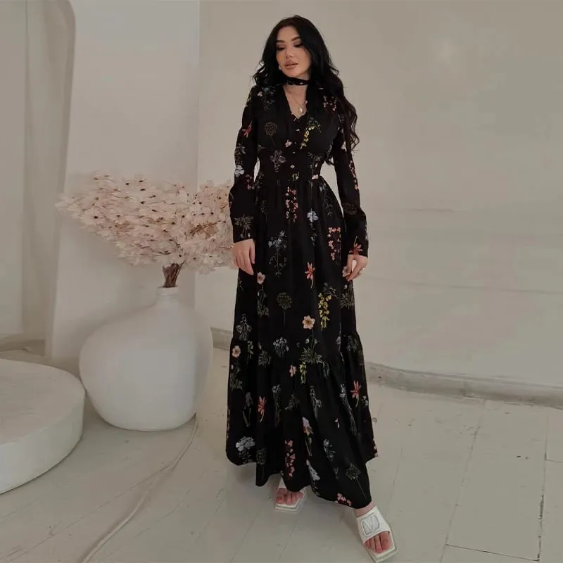 Elegant Printed Flower Women's Dress Contrast Sleeveless Halter Waist-Closed A-Line Lady Dresses Summer Fashion Vacation Robe — image 9