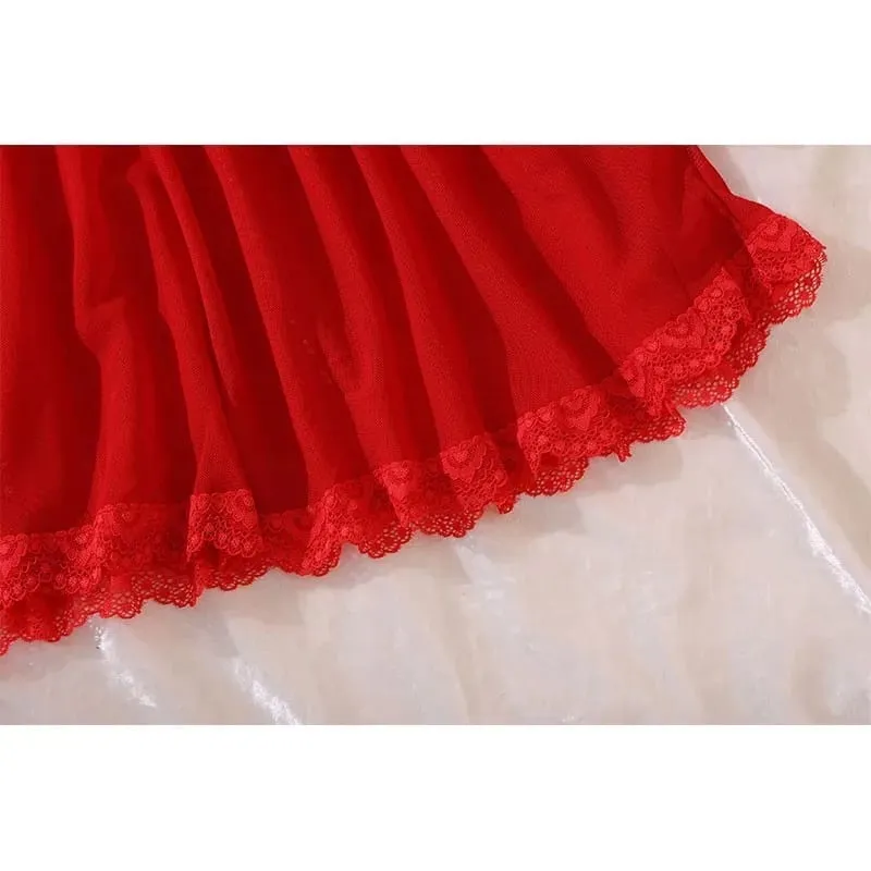 Sexy Bra And Garter Belt Lingerie Hot Red Babydoll Dress Erotic Women Exquisite 3-Piece Sets Thong Nightgown Set With Leg Rings — image 5