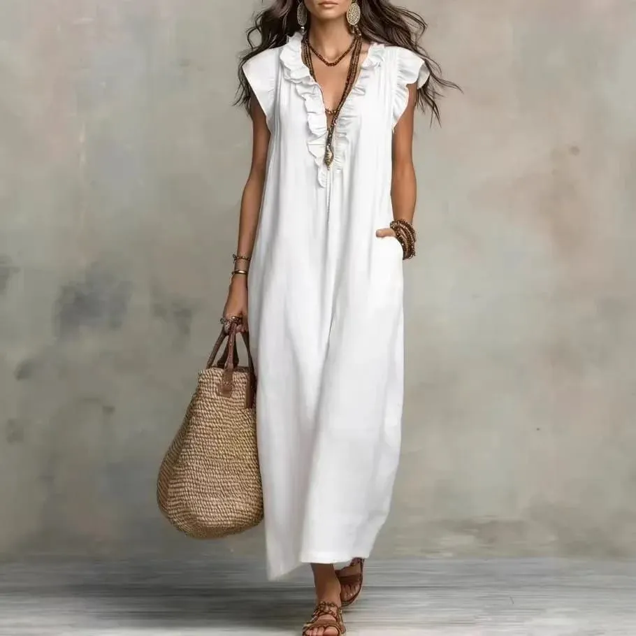 2026 Summer Women Boho Cotton Linen Maxi Dress Solid Color Ruffle V Neck Sleeveless Loose Long Dresses With Pockets Casual Beach — image 3