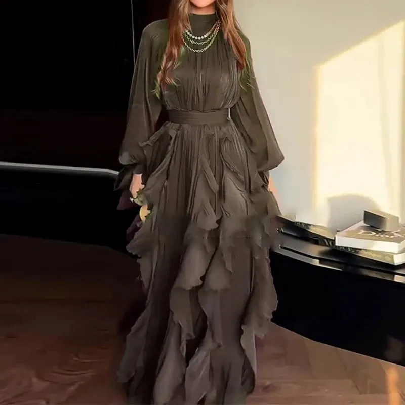 Fashion High Waist Pleat Party Dress Lady Casual High Collar Layered Banquet Dress Elegant Long Sleeve Solid Color Evening Dress — image 8