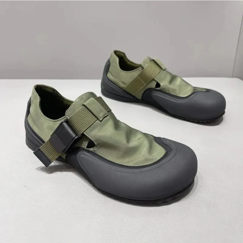 Green Buckle Strap Slip-On Outdoor Shoes Hollow-Out Breathable Flat Shoes Height Increasing Casual Shoes Trendy Men's Shoes — image 1