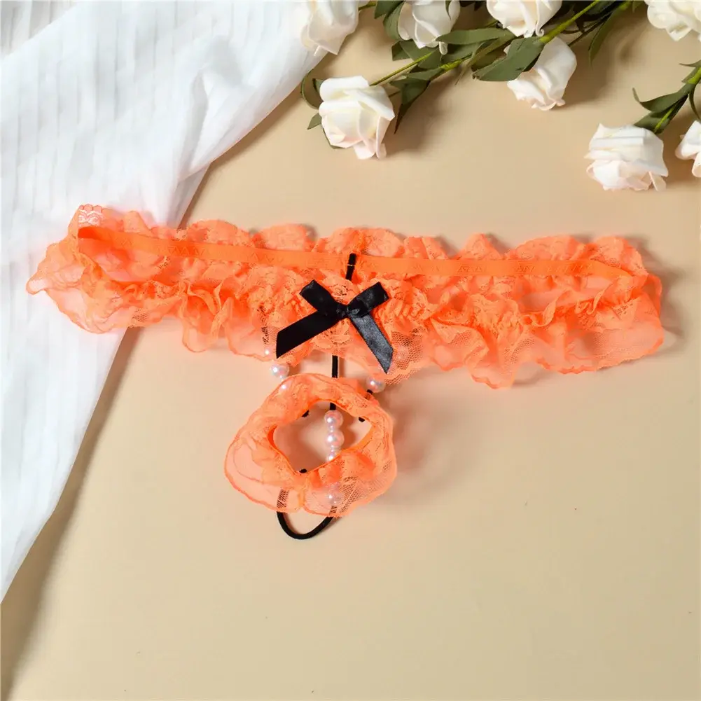 Men Lace T-Back Underwear Bow Elastic Waist G-String Pearl Lingeries For Man Sissy Panties Sexy Accessories Thongs Men's Panties — image 26