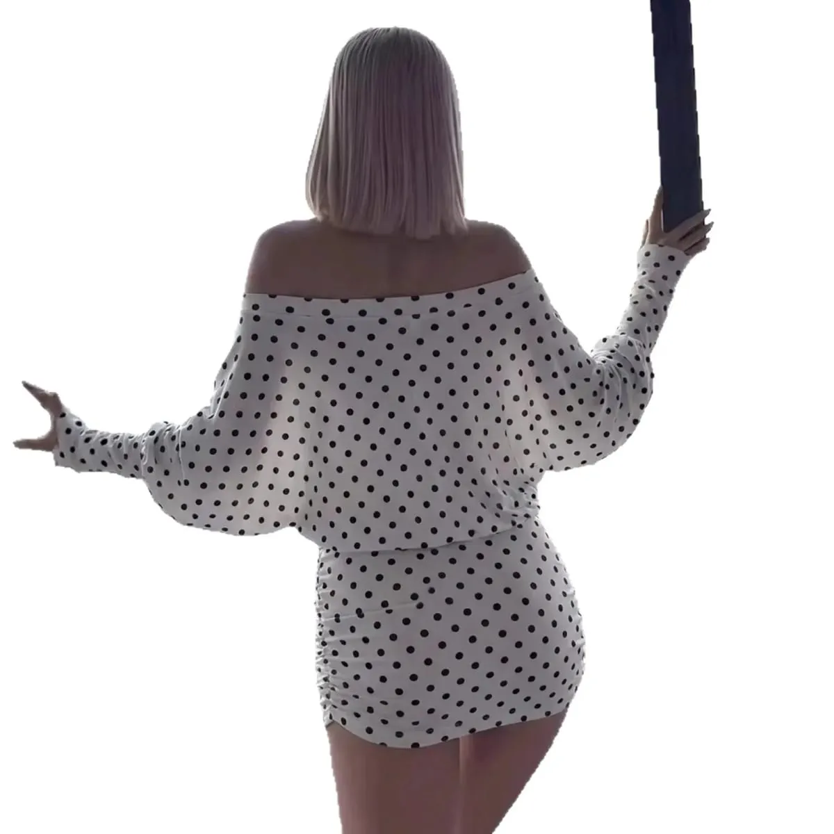 Polka Dot Off Shoulder Mini Dress Batwing Long Sleeve Drawstring Ruched Bodycon Short Dresses — image 6