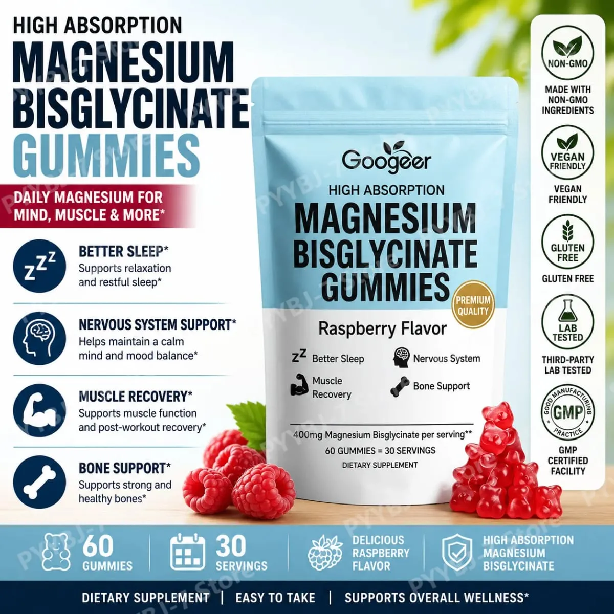 Magnesium Bisglycinate Gummies 400mg 60 Count Adult Daily Wellness Supplement for Bone Muscle Sleep Support — image 1