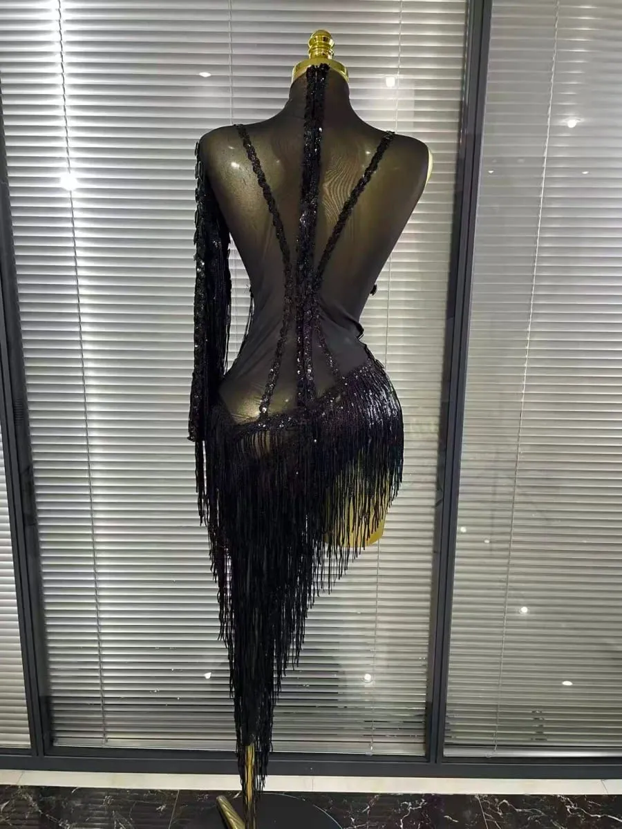 Black Red Women Sexy One Shoulder Shinning Crystal Sequins Tassels Bodycon Mid-calf Dress Nightclub Party Bar Dancer Costumes — image 4