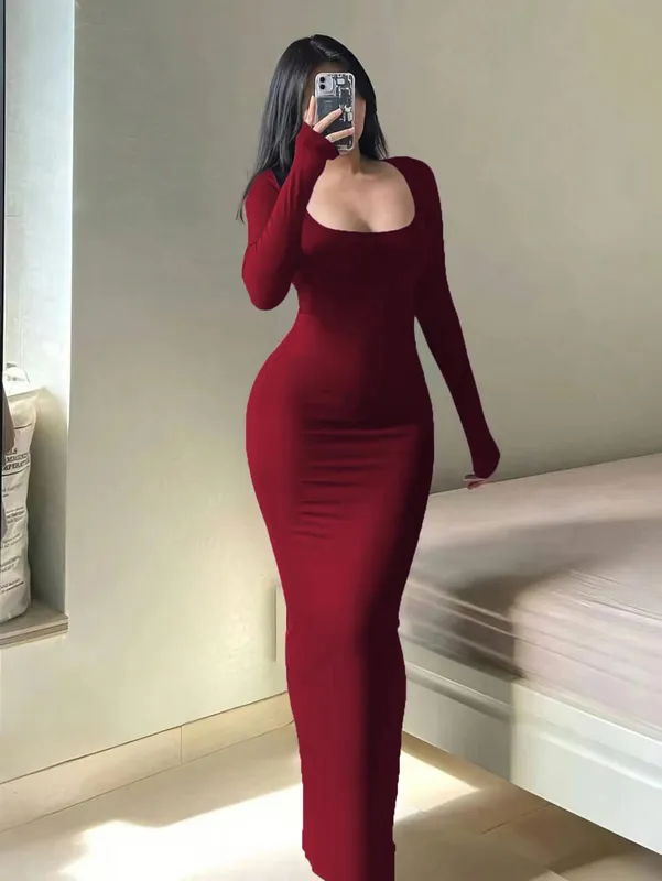Women's plus size long slim fit long sleeved dress plus size women's extra long square neck tight fitting dress — image 2