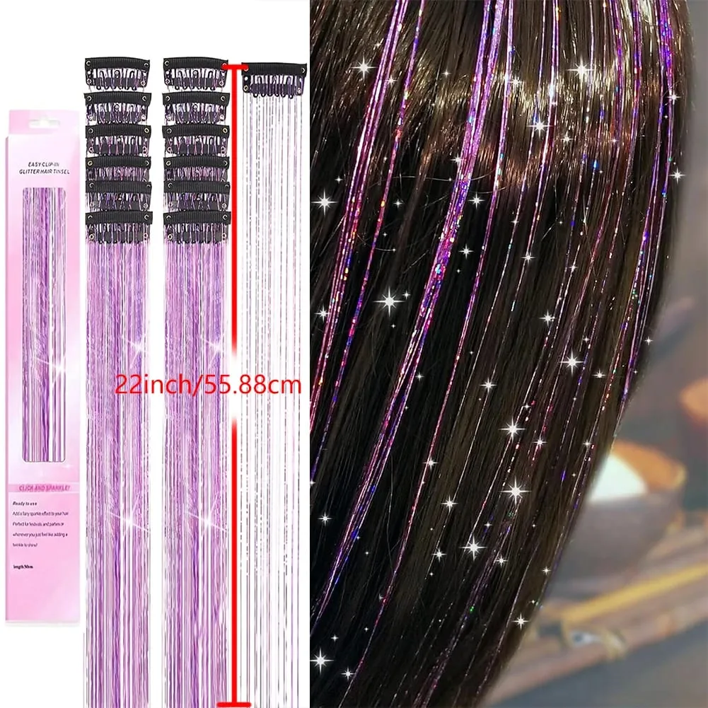 Clip in Hair Tinsel 12Pcs Purple Glitter Hair Extensions Synthetic Shiny Metallic Hair Strands Fairy Hair Tinsel Clip On Hair — image 5