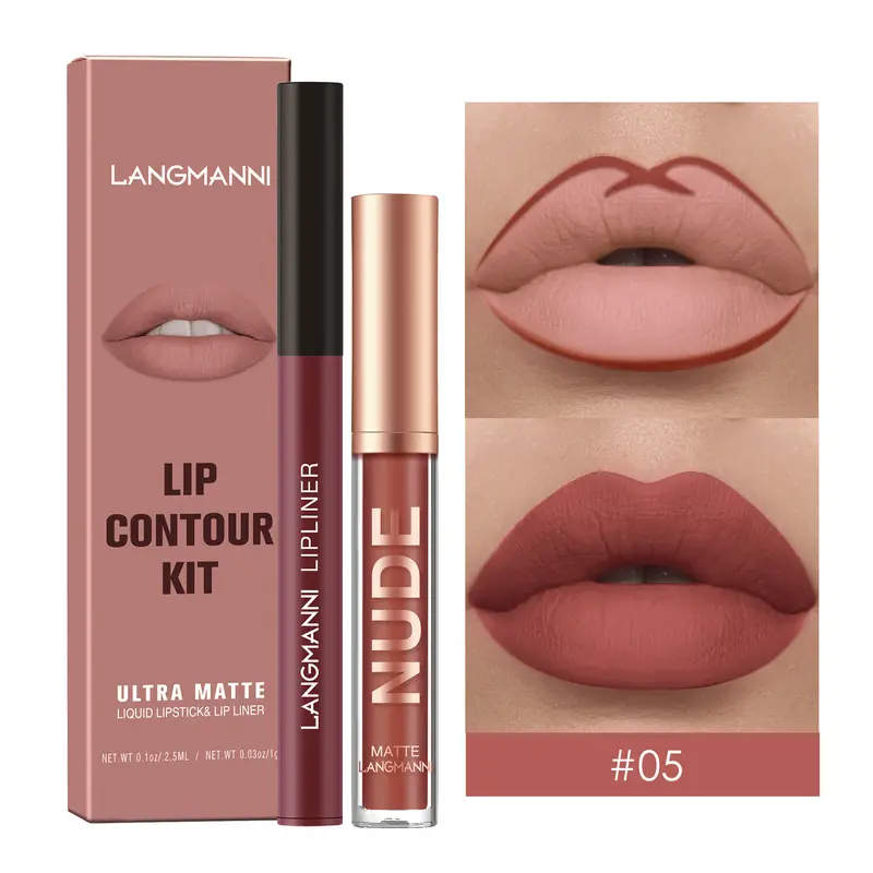 Waterproof Lasting Matte Velvet Lip Gloss Lip Liner Set 2pcs/set Lipliner Pen and Lip Gloss Combination Set Lips Contour Makeup — image 2