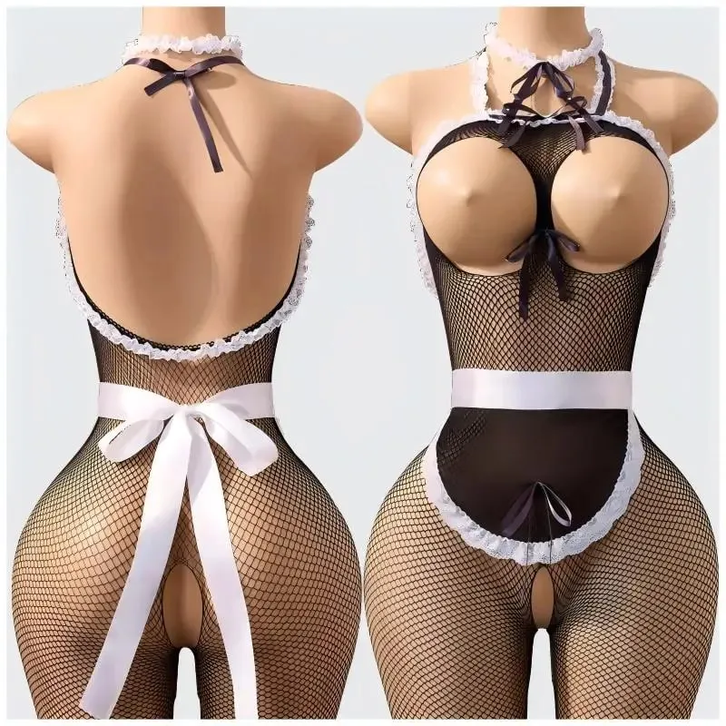 Hot Night Desire Outfit Sexy Lingerie Bodysuit Open-breasted Crotchless Body Suit Cosplay Body-Stockings For Adult Maid Costume