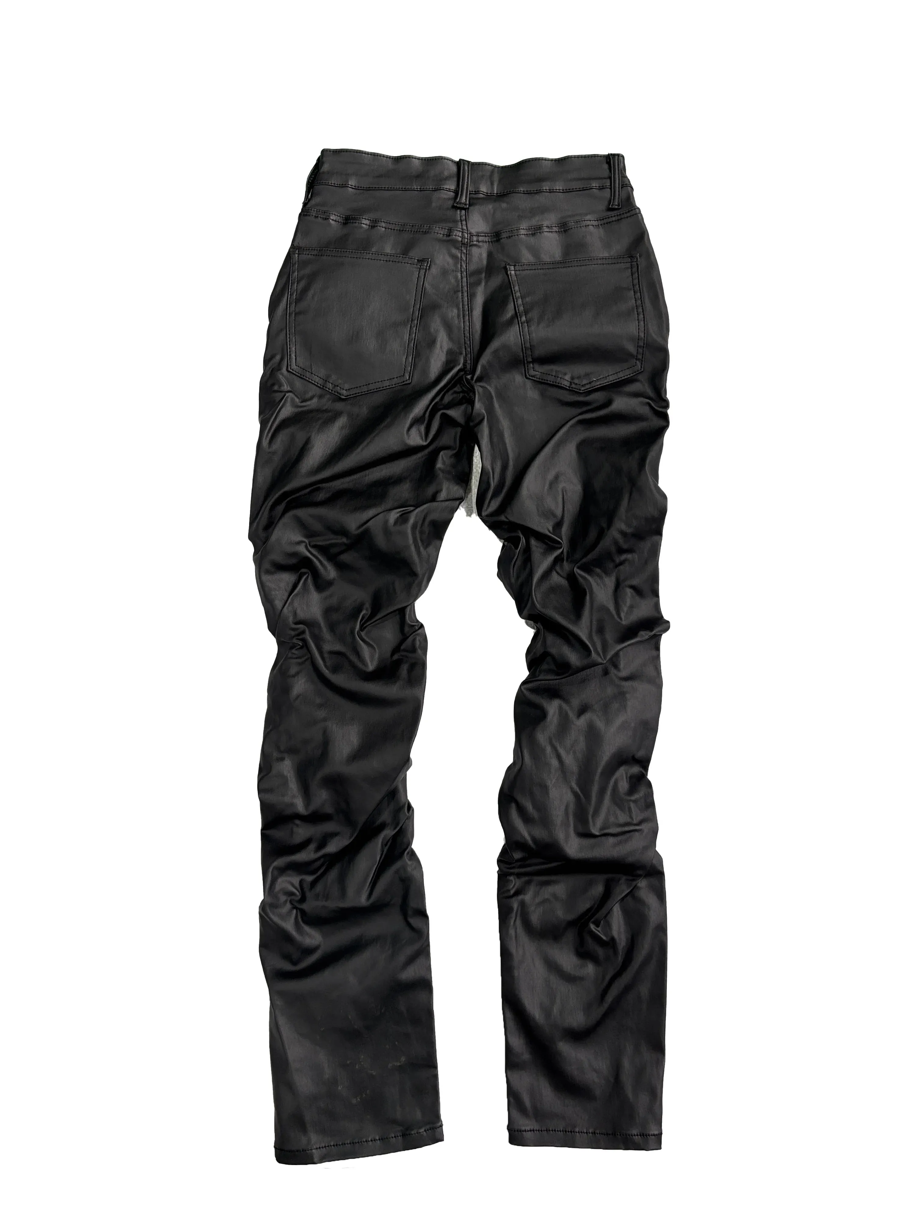 【HME】Men's Jeans | Black Wax Coated Denim Pants Faux‑Leather Look Stacked Ruched Denim Jeans For Men Full‑Length Wrinkle Pleat Design Tough Coated Denim Fabric Street‑Fashion Stacked Fit Male Trousers — image 8