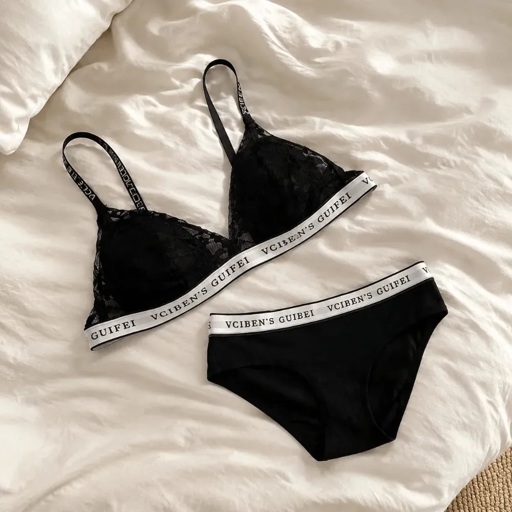 Breathable Letter Design Lingerie Set Lace Deep V Women Underwear Suit Wireless Color Blocking Bra Panties Set Girl
