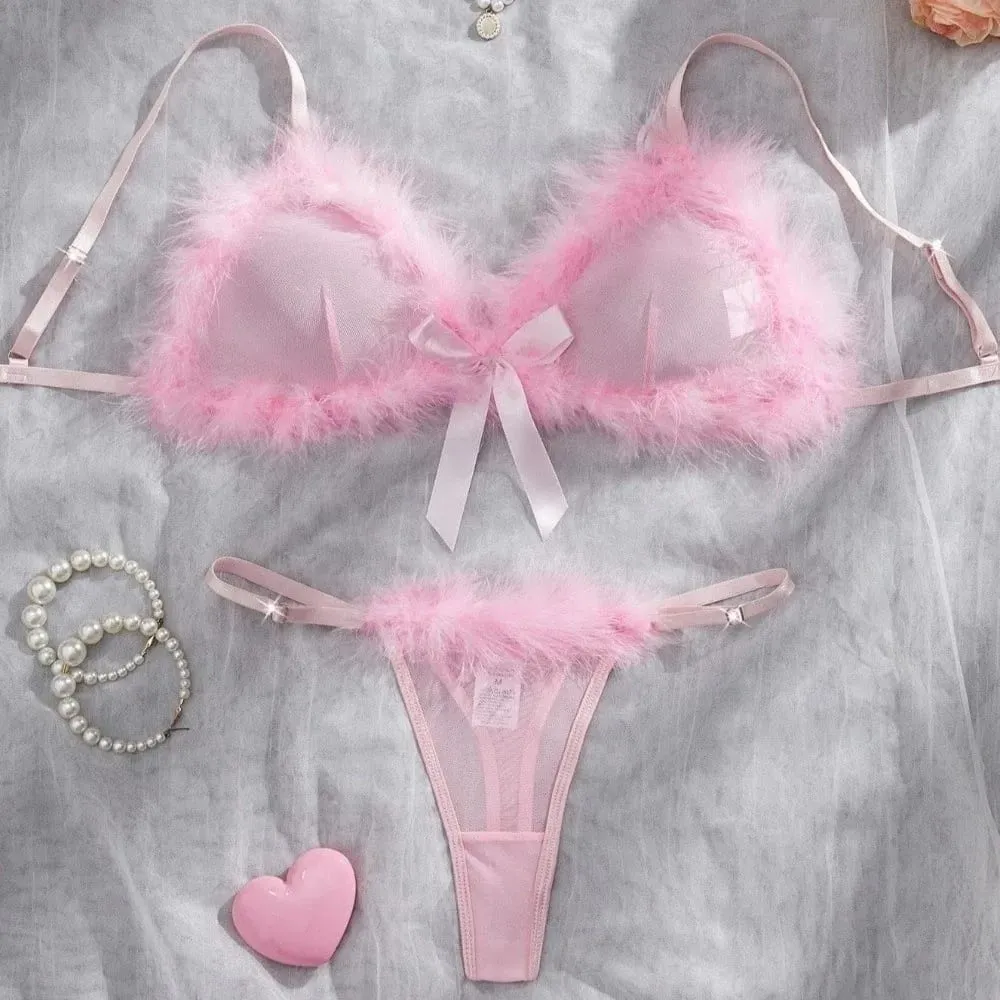 Underclothes Furry Women's Underwear Wireless Mesh Transparent Lingerie Set Romantic Intimate Bow Decor Bra Panties Suit Home