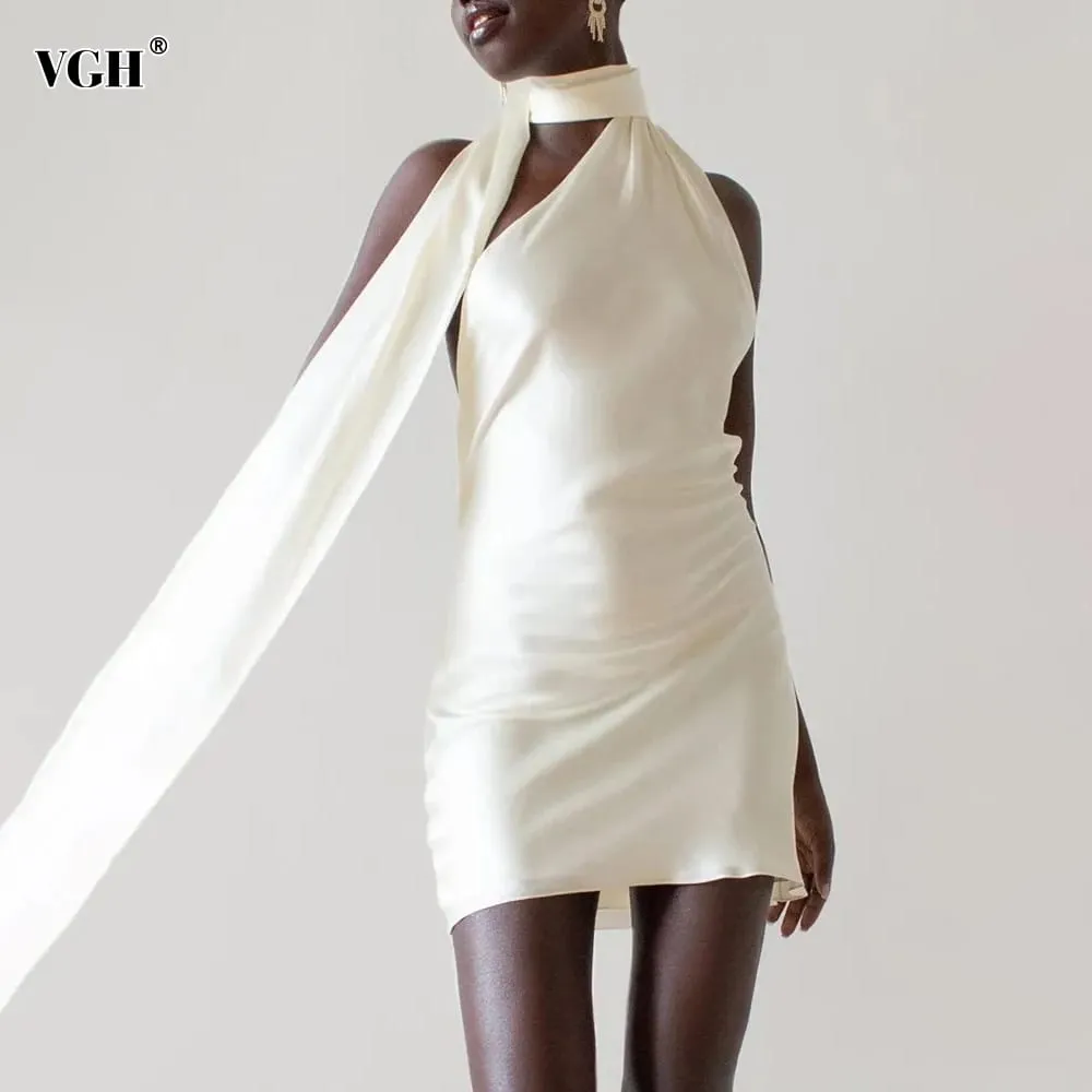 VGH Patchwork Formale Kleider Für Frauen Halter Kragen Off Schulter Ärmellose Hohe Taille Backless Satin Mini Kleid Weiblichen Stil