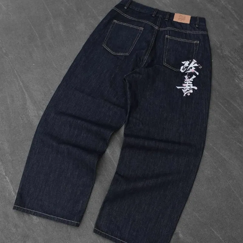 black jeans Harajuku hip hop Fromszn raw baggy jeans Y2K embroidery retro art font unisex woven washed patchwork wide leg pants