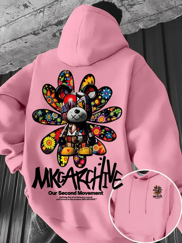 Men's Casual Hooded Sweatshirt – Colorful Floral Bear Graffiti Print Pullover Warm Street-Style Top for Autumn/Winter — image 4