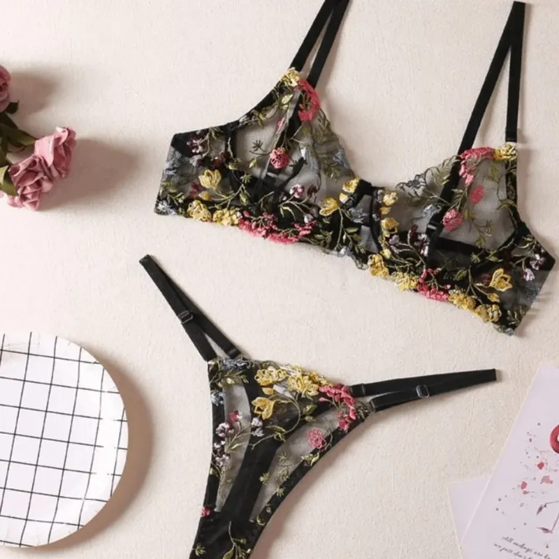 2-Piece Versatile Floral Lingerie Set Embroidery Sheer Boho Bra Panty Set Women Underwear