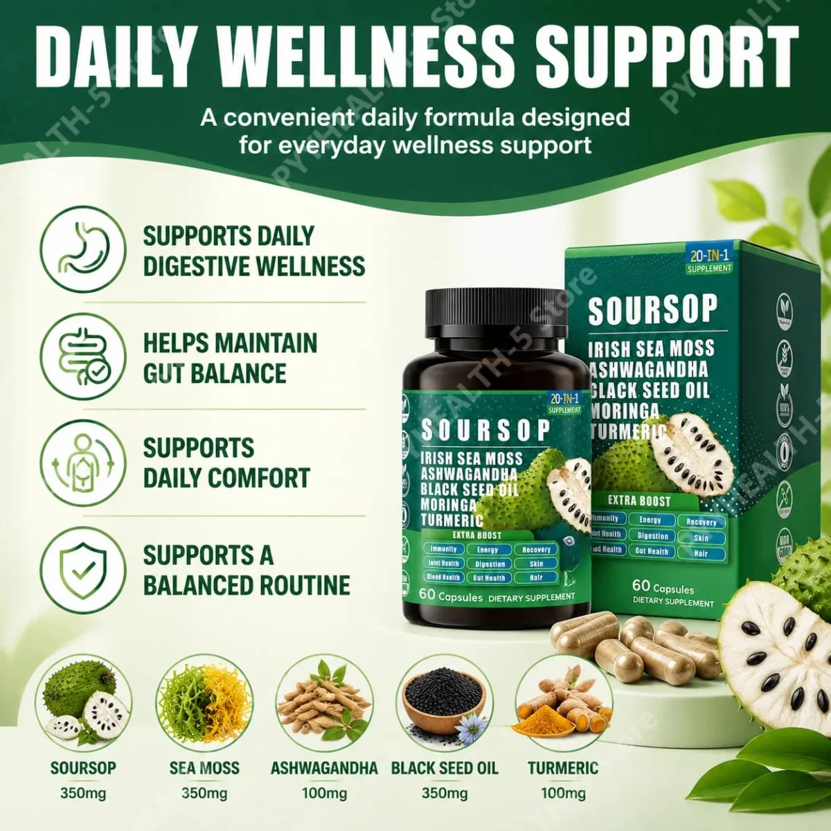 20‑IN‑1 Irish Sea Moss Capsules with Soursop Vitamin C & Vitamin D3 Immune Health & Digestive Support Plant‑Based 60 Capsules — image 4