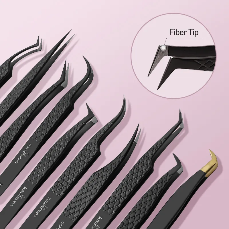 High-end Eyelash Tweezers Black Fiber Tip For Lash Extensions Mega Volume Mink Lashes Tool Straight Head Curved Tip