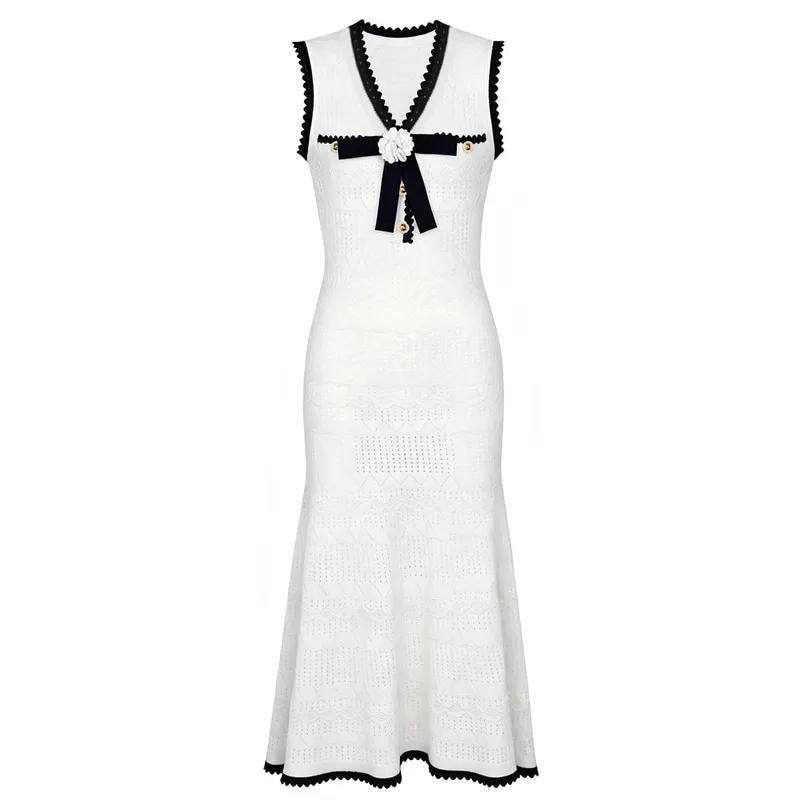 Summer Elegant Knitted Dresses for Woman 2026 Fashion New Sleeveless Bowknot Midi Casual Party Dress Pink White Vestidos
