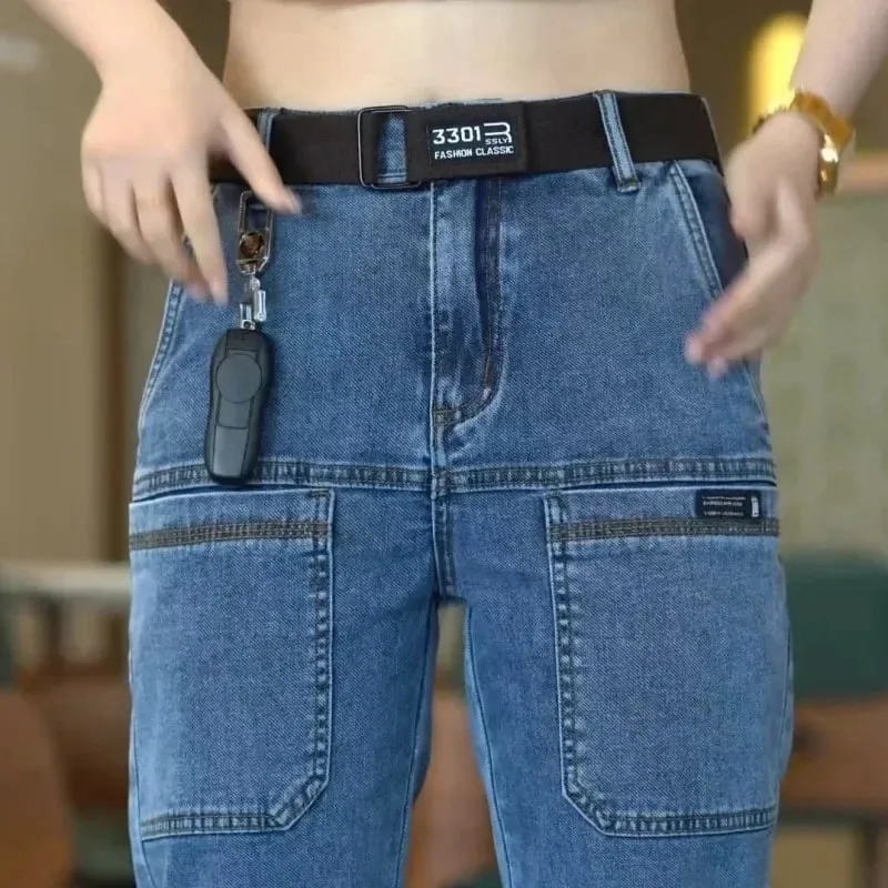 Spring Summer Thin Six Pocket Men's Jeans Elastic Straight Leg Casual Slim Fit Jeans Versatile Multi-Pocket Long Y2K Denim Pants — image 1