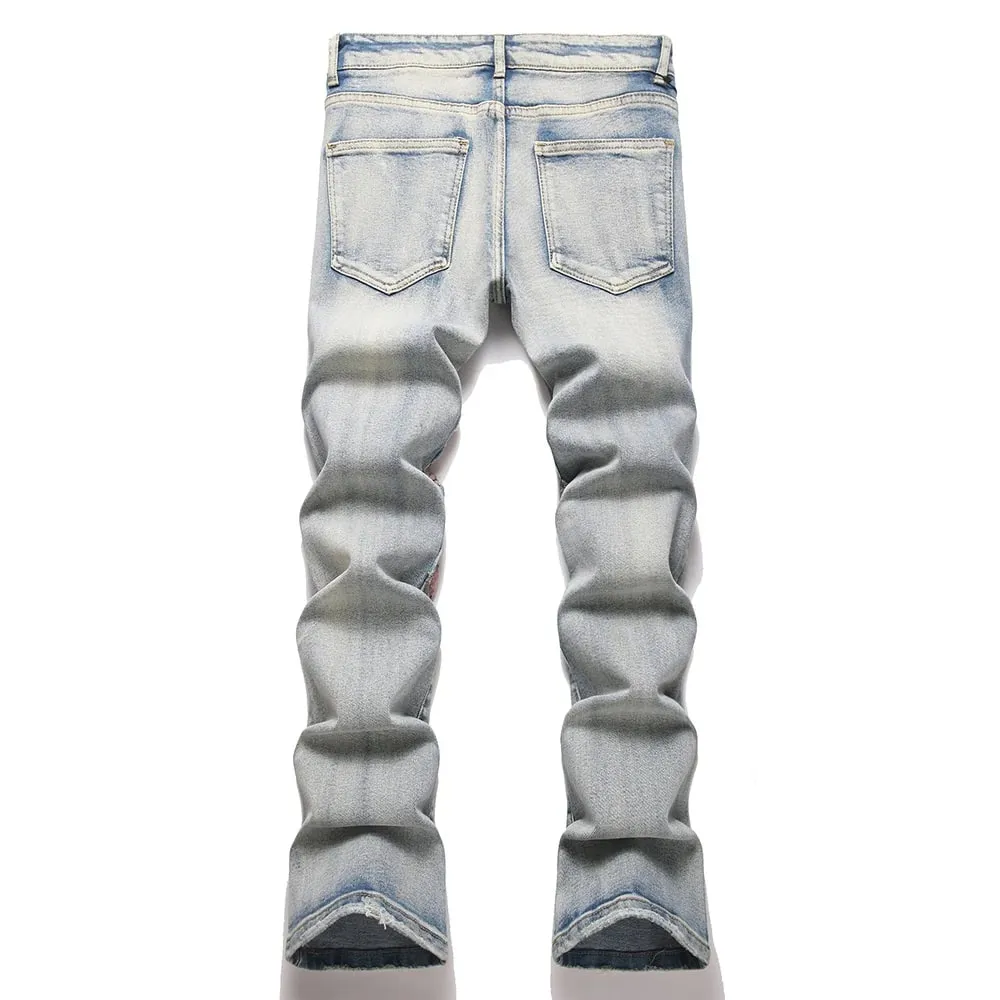 Men's Wing Patch Boot Cut Jeans Rivet Crystal Slim Flared Pants Embroidery Vintage Blue Denim Trousers — image 2