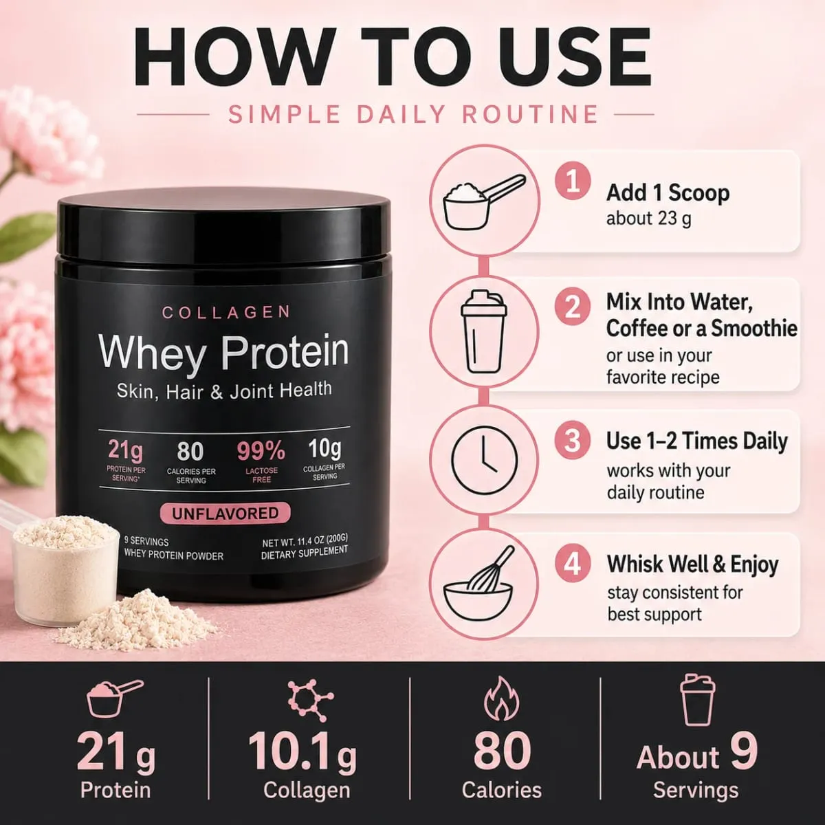 Collagen Whey Protein Powder 21g Protein 10g Collagen Peptides Unflavored 99% Lactose Free Fitness Nutrition Shake 9 Servings — image 6