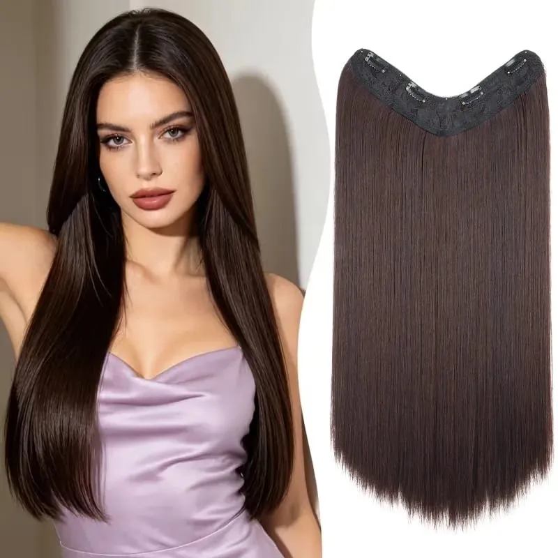 24Inch Synthetic 4-Clip V-Shaped Long Straight Hair Extension One Piece Heat-Resistant Fiber Hairpiece for Women Daily Use — image 2
