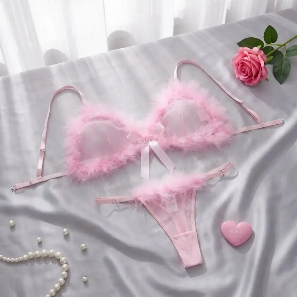 Sweet Furry Women's Underwear Wireless Bow Decor Lingerie Set Romantic Intimate Mesh Transparent Bra Panties Suit Anniversary — image 3