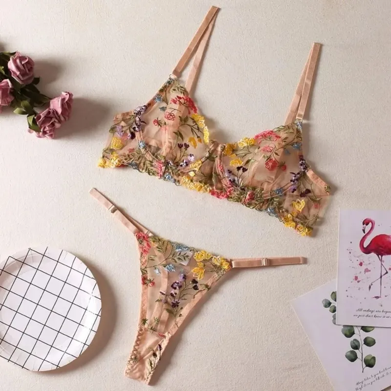 2-Piece Versatile Floral Lingerie Set Embroidery Sheer Women Underwear Boho Bra Panty Set