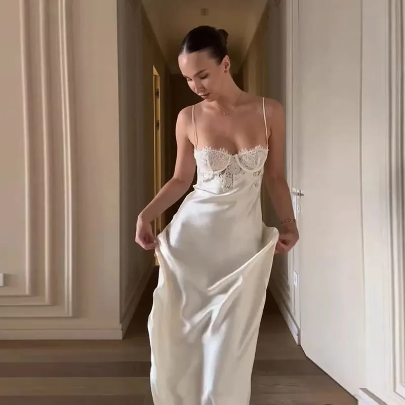 Backless Satin Long Sling Dress Women V Neck Sleeveless Slit Solid Sexy Party Dresses 2026 Summer Lady Vacation Evening Robes