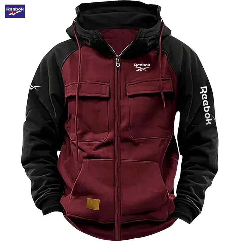 2026 Reebok New Autumn-Winter Men's Hooded Patchwork Casual Sweatshirt Loose-Fit Fashionable Youth Multi-Pocket Padded Hoodie — image 6