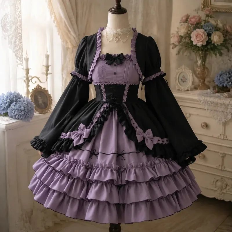 Lolita Kawaii Y2k Long Sleeve Strap Dress Japanese Knee-Length Women Elegant Lace Bow Patchwork Ball Gown Sweet All Season — image 15