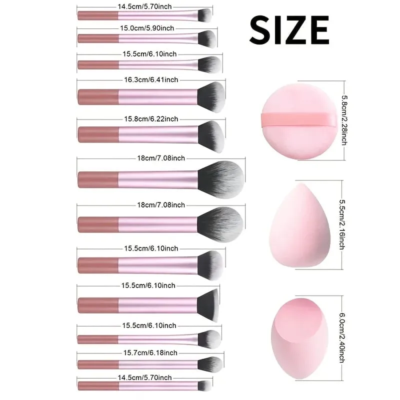 15pcs Makeup Brush Set Including 12pcs Multi-Functional Ultra-Soft Makeup Brushes And 1pc Angled Tear Drop-Shaped Beauty Sponge