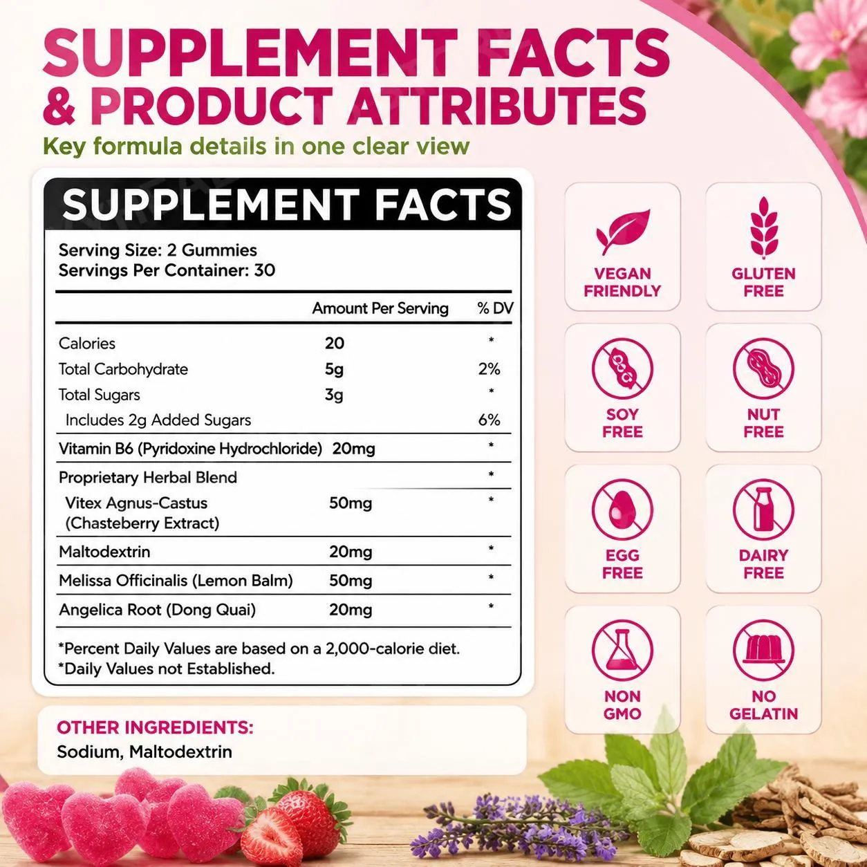 Gomitas de apoyo para el síndrome premenstrual con sauzgatillo Vitex Dong Quai, vitamina B6 y bálsamo de limón para el bienestar y el estado de ánimo mensual de las mujeres, 60 gomitas — image 2