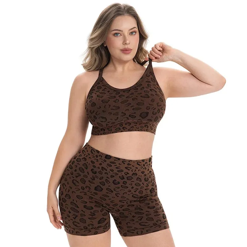 Women Plus Size Leopard Print Workout Set High Waist Tummy Control Shorts Padded Racerback Sports Bra 2PCS Gym Yoga Running Wear