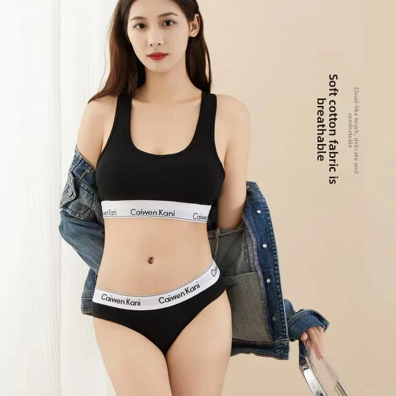 Pure Cotton Wireless Bra Set Sexy Gathered Women's Underwear Triangle Panty Comfortable Breathable Eco-Friendly Cotton Bra