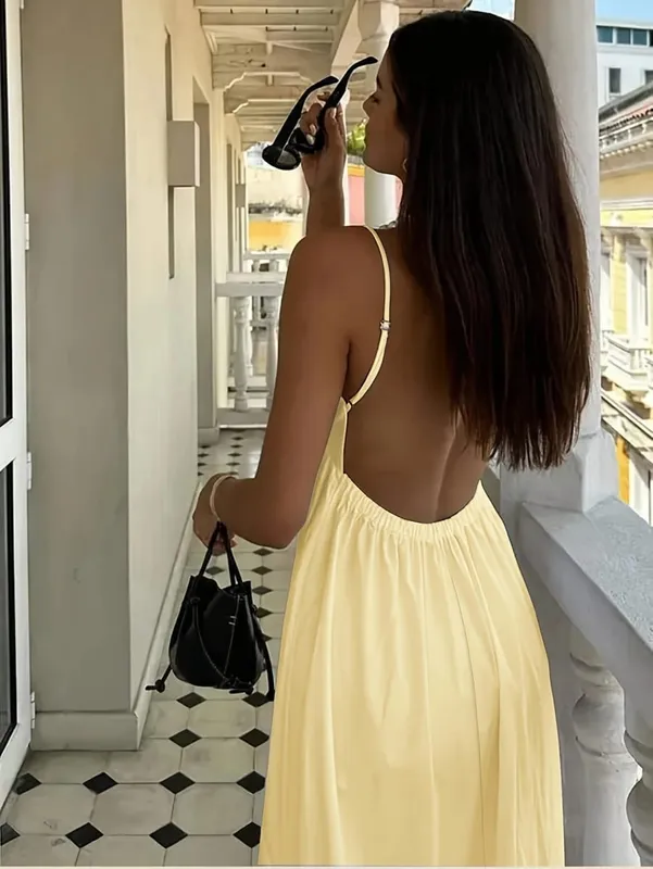 Women's Summer Vacation Solid Color Backless Thin Strap Dress — image 3