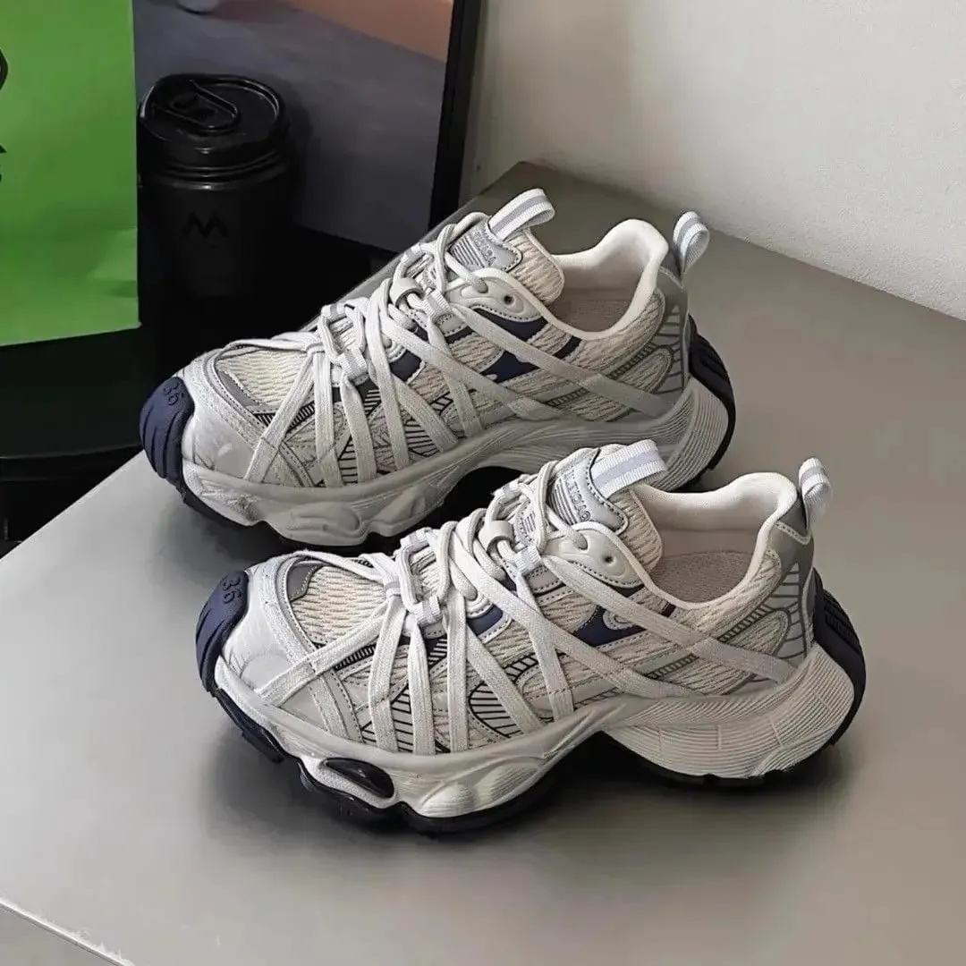 Spring Summer New Style Men Women Dad Shoes Thick Bottom Net Surface Sports Shoes Trendy Versatile Breathable Tie Shoes — image 1