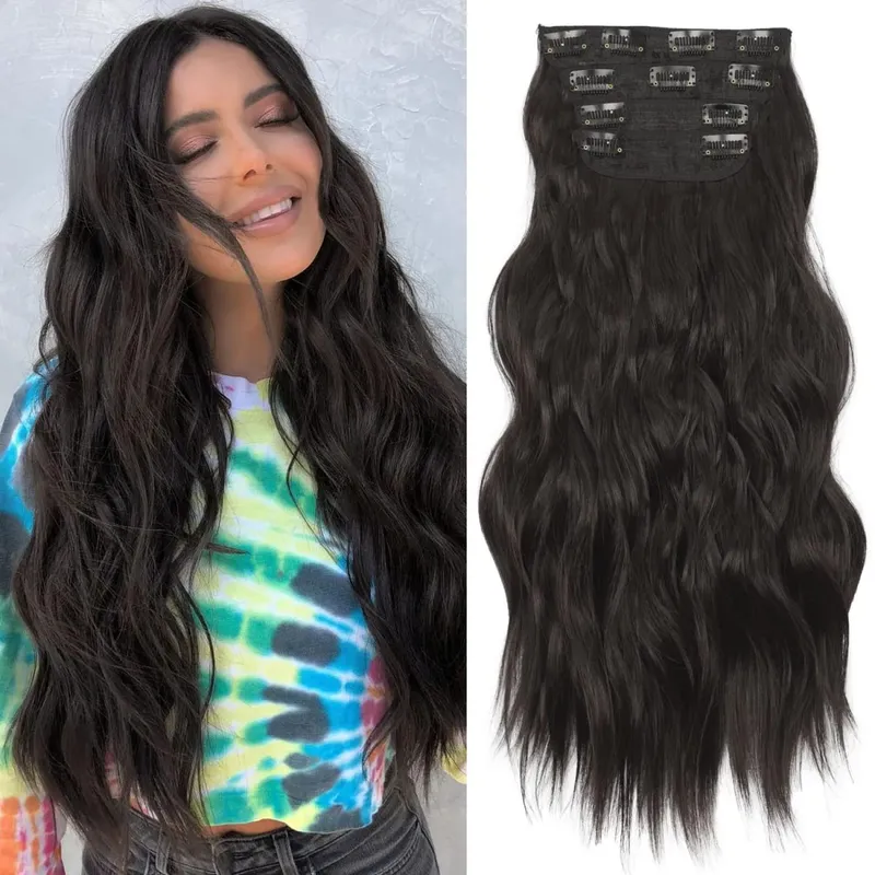 4Pcs/Set Synthetic Hair Clip In Hair Extensions 24Inch Long Wavy Thick Hairpieces For Women Full Head Ombre Hairpiece — image 7